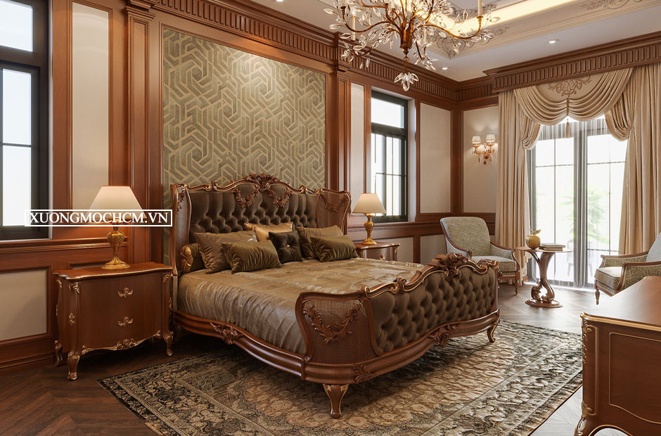 Mẫu giường ngủ gỗ gõ đỏ đẹp 2022 phong cách tân cổ điển đẳng cấp