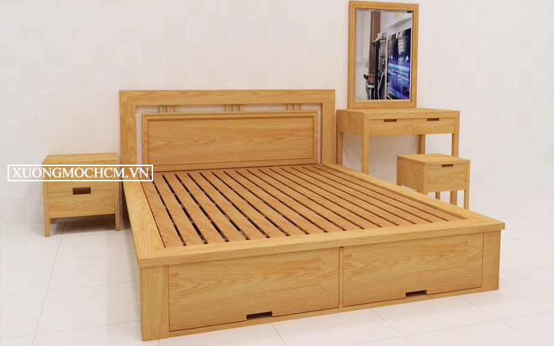Giường ngủ gỗ sồi có hộc kéo