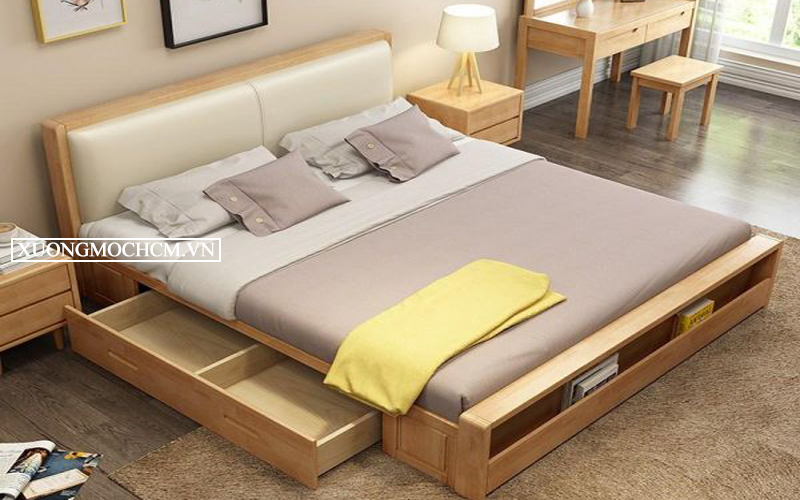 Giường ngủ gỗ sồi đầu bọc nệm và có hộc kéo